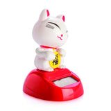 Adorable solar-powered Lucky Cat figurine waving while hugging a lucky sign, perfect for desk or dashboard decoration.