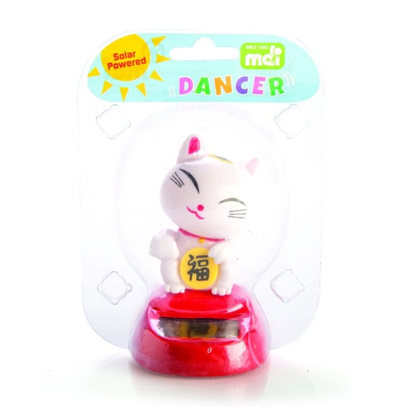 Solar-powered Lucky Cat figurine waving cheerfully while hugging a lucky sign, perfect for home or office decor.