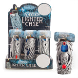 Assorted Mystic Lighter Cases featuring dragon, rose, and skull designs, ideal for personalizing standard Bic-style lighters.