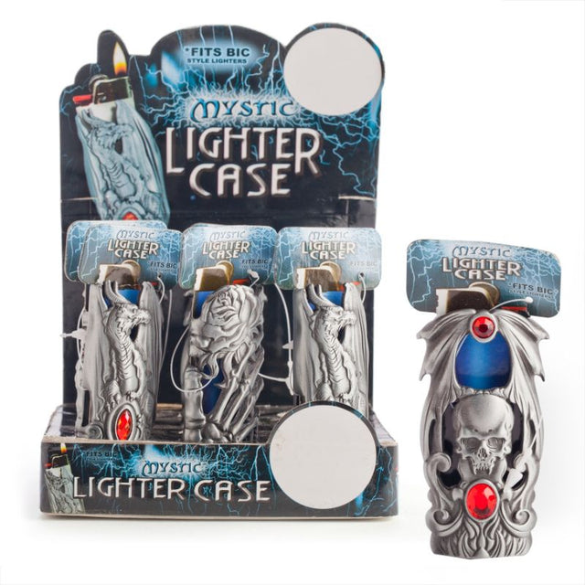 Assorted Mystic Lighter Cases featuring dragon, rose, and skull designs, ideal for personalizing standard Bic-style lighters.