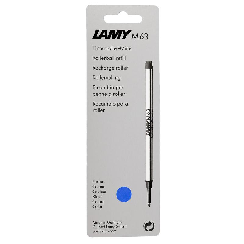 Lamy M63 blue rollerball refill for smooth writing, perfect for Lamy pens, packaged on a card for easy storage.