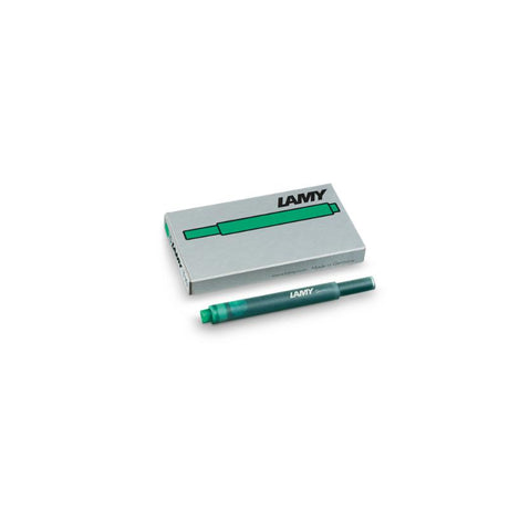 Lamy Ink T10 Cartridges 5 Pack in vibrant green, designed for smooth writing in most LAMY fountain pens.