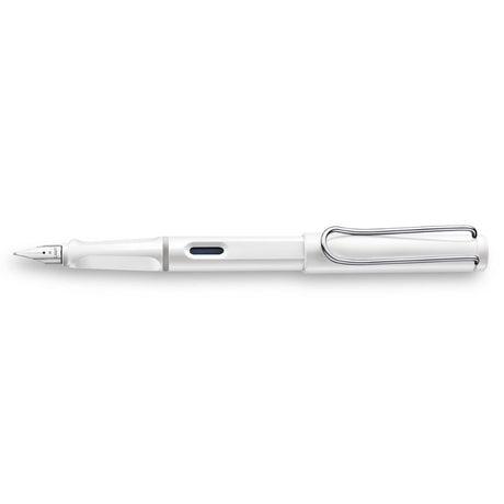 Lamy Safari Fountain Pen in white, featuring a polished steel nib, ergonomic grip, and sleek design for effortless writing.