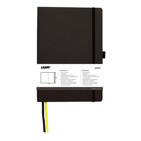 Lamy A6 Soft Cover Notebook in black, featuring 192 pages of bleedproof paper, pen loop, bookmarks, and folder pocket.