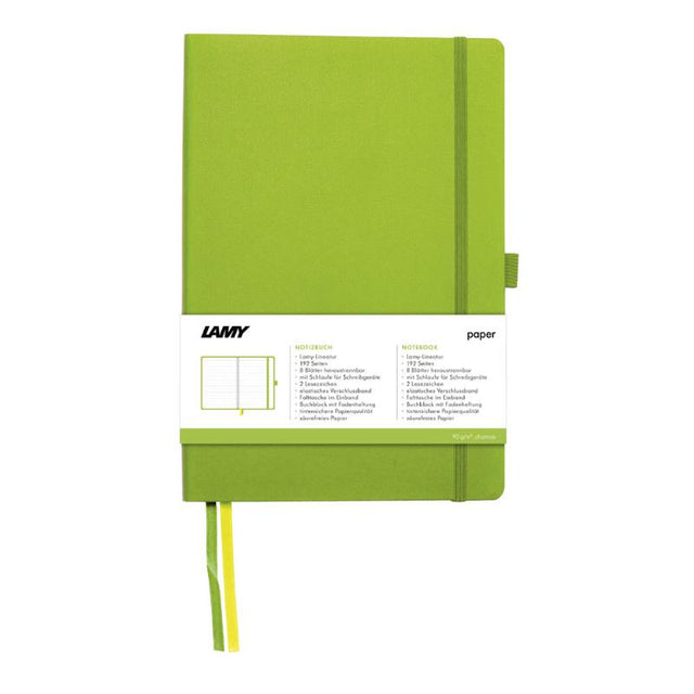 Lamy A6 Soft Cover Notebook in Green with 192 pages, detachable sheets, pen loop, and two bookmarks for convenient writing.