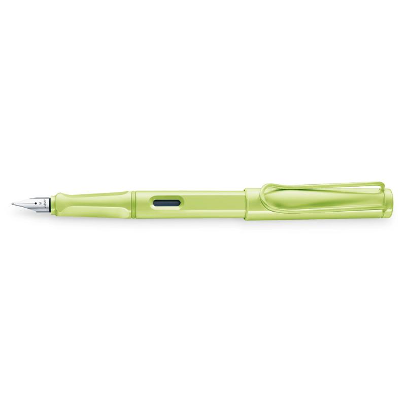 Lamy Safari Fountain Pen in vibrant spring green, ergonomic grip, steel medium nib, includes LAMY T 10 blue ink cartridge.