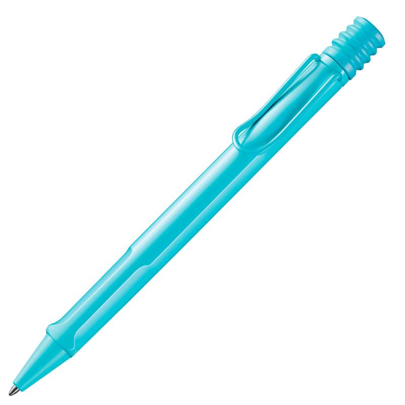 Lamy Safari Ballpoint LE Aquasky in Aqua Sky color, featuring ergonomic grip and spring-loaded metal clip for stylish writing.