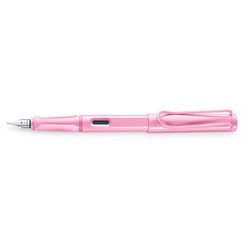 Lamy Safari Lightrose fountain pen with ergonomic grip and polished steel nib for smooth writing; perfect for all enthusiasts.