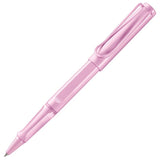 Lamy Safari Rollerball LE Lightrose pen with a sturdy plastic body and spring-loaded metal clip in a charming light rose hue.