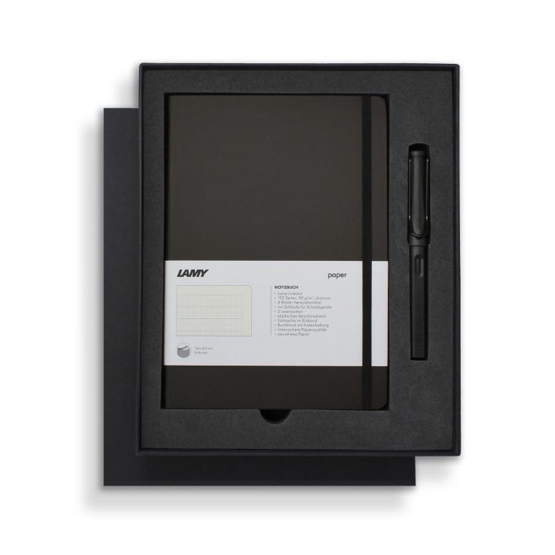 Lamy Notebook Fountain Pen Gift Set features a matte charcoal pen and softcover notebook with stylish design and practical features.