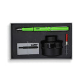 Lamy Fountain Pen Gift Set Green E193 featuring a stylish green pen, T52 ink bottle, and piston converter for personalized writing.