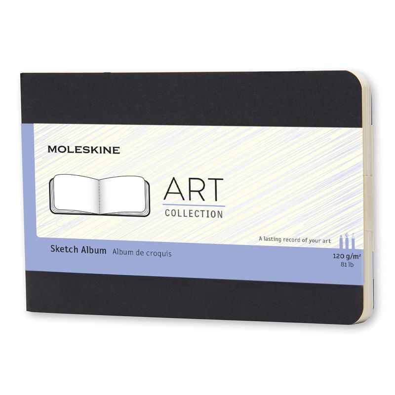 Moleskine Art Cahier Sketch Album Pocket Black featuring a flexible cover, 80 detachable pages, and acid-free sketch-grade paper.