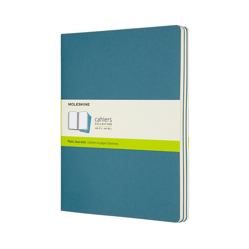 Moleskine Cahier Journal XL in Brisk Blue, pack of 3, features custom cover, detachable pages, and smooth ivory paper.