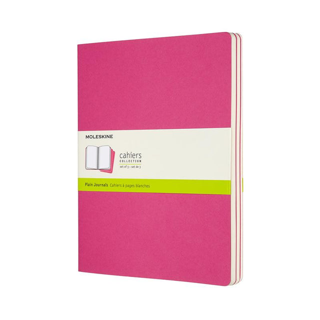 Moleskine Cahier Journal XL in vibrant pink, pack of 3, featuring customizable covers and detachable pages for creative use.