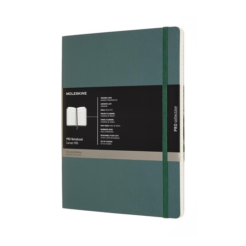 Moleskine Pro Notebook XL in forest green, featuring soft cover, elastic closure, inner pocket, and detachable pages for productivity.