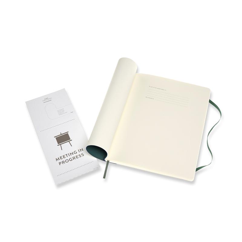 Moleskine Pro Notebook XL in Forest Green, soft cover with elastic closure, ribbon bookmark, and expandable inner pocket.