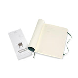 Moleskine Pro Notebook XL in Forest Green, soft cover with elastic closure, ribbon bookmark, and expandable inner pocket.