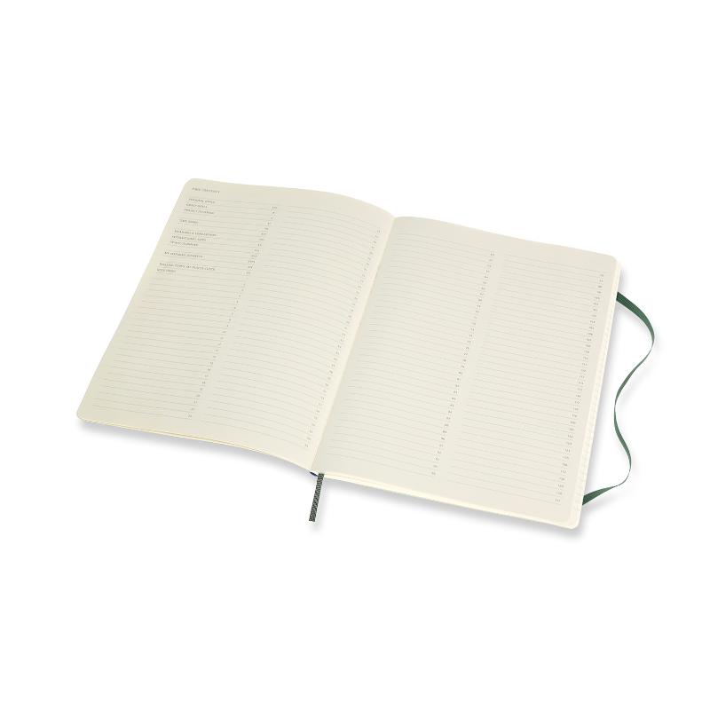 Forest green Moleskine Pro Notebook XL with soft cover, rounded corners, elastic closure, and bookmark for efficient note-taking.