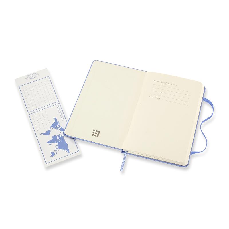 Moleskine Pocket Notebook in Hydrangea Blue, featuring 70g ivory pages, elastic closure, and expandable inner pocket.