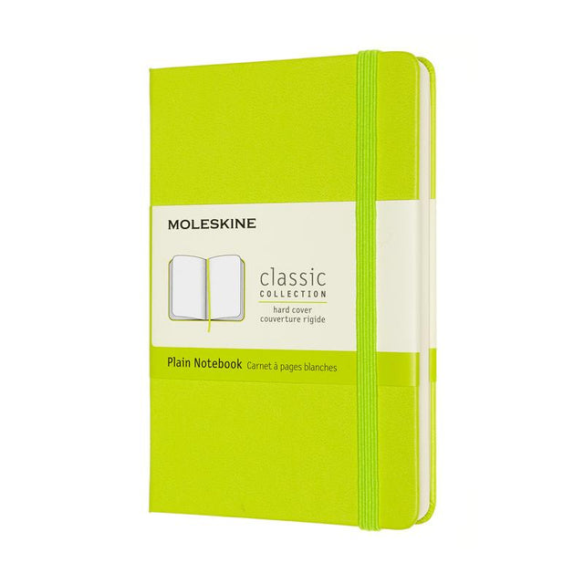 Moleskine Pocket Notebook in Lemon Green with elastic closure, ivory pages, and expandable back pocket for notes.