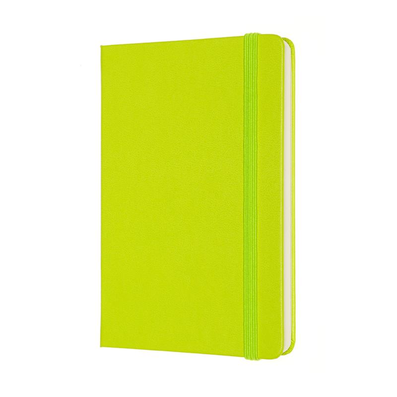 Moleskine Pocket Notebook in lemon green with elastic closure, ivory pages, and expandable back pocket for notes and mementos.