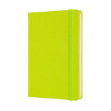 Moleskine Pocket Notebook in lemon green with elastic closure, ivory pages, and expandable back pocket for notes and mementos.