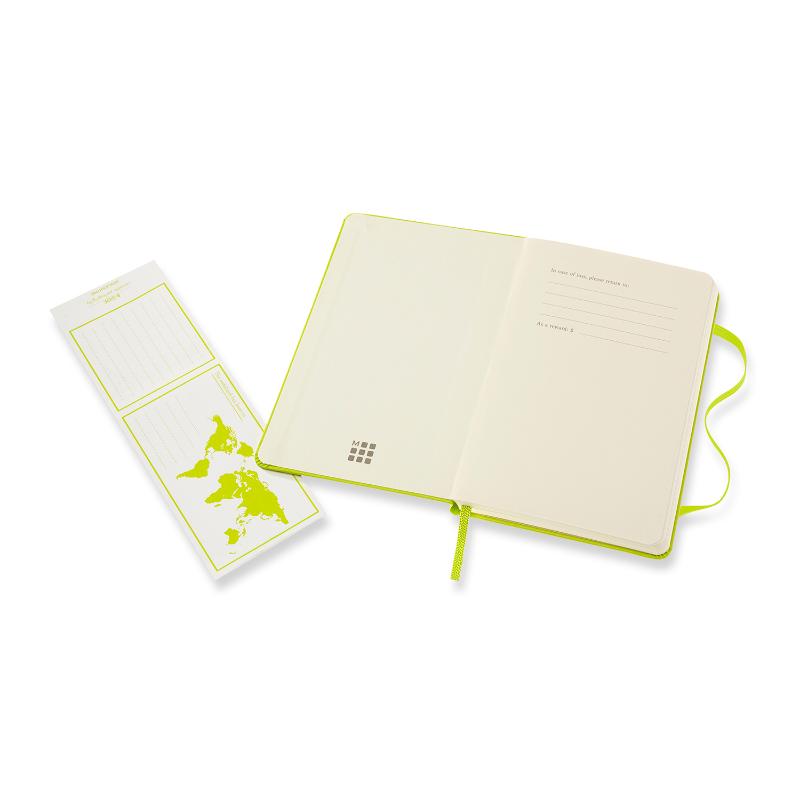 Moleskine Lemon Green Pocket Notebook with plain ivory pages, elastic closure, bookmark, and expandable pocket for notes.