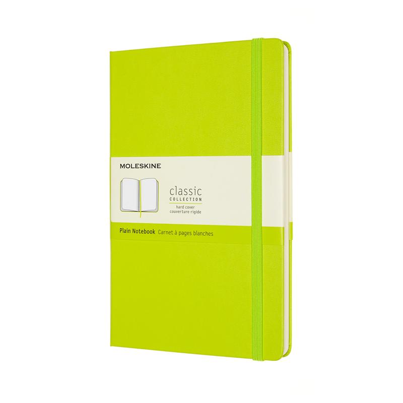 Moleskine Large Plain Notebook in Lemon Green with hard cover, elastic closure, and expandable pocket for creativity and organization.