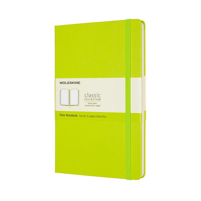 Moleskine Large Plain Notebook in Lemon Green with hard cover, elastic closure, and expandable pocket for creativity and organization.