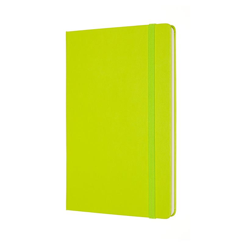 Moleskine Large Plain Notebook in Lemon Green, featuring hard cover, ivory pages, elastic closure, and ribbon bookmark.