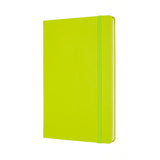 Moleskine Large Plain Notebook in Lemon Green, featuring hard cover, ivory pages, elastic closure, and ribbon bookmark.