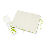 Large Lemon Green Moleskine Notebook with plain ivory pages, elastic closure, ribbon bookmark, and expandable back pocket.