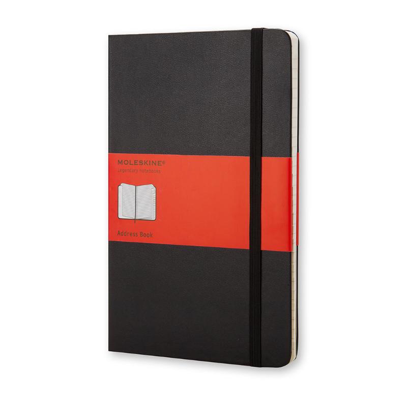 Moleskine large black address book with rounded corners, A-Z tabs, and acid-free pages for organized contact management.