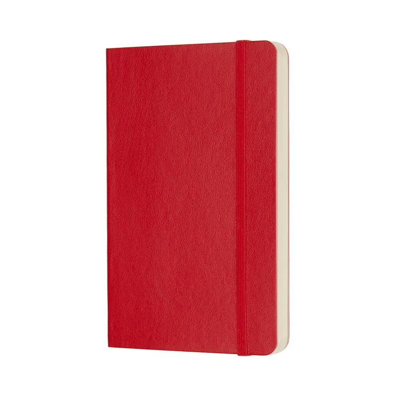 Compact scarlet red Moleskine notebook with plain pages, elastic closure, rounded corners, and a ribbon bookmark for convenience.