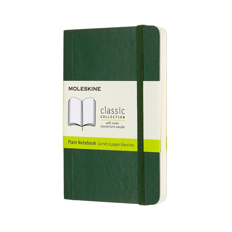 Moleskine Pocket Notebook in Myrtle Green, soft cover, plain pages, portable design, elastic closure, and expandable back pocket.