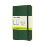 Moleskine Pocket Notebook in Myrtle Green, soft cover, plain pages, portable design, elastic closure, and expandable back pocket.