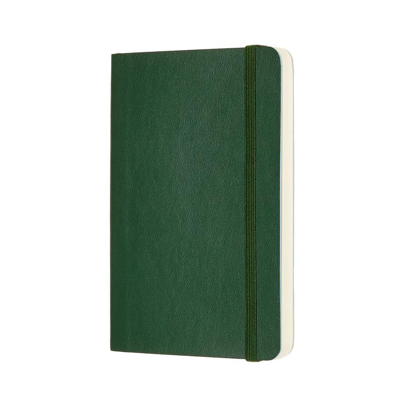 Myrtle green Moleskine pocket notebook with soft cover, plain pages, elastic closure, and expandable inner pocket.