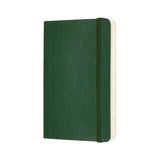 Myrtle green Moleskine pocket notebook with soft cover, plain pages, elastic closure, and expandable inner pocket.