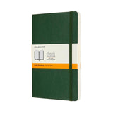 Moleskine Large Ruled Notebook in Myrtle Green, featuring a soft-touch cover, elastic closure, and expandable pocket.