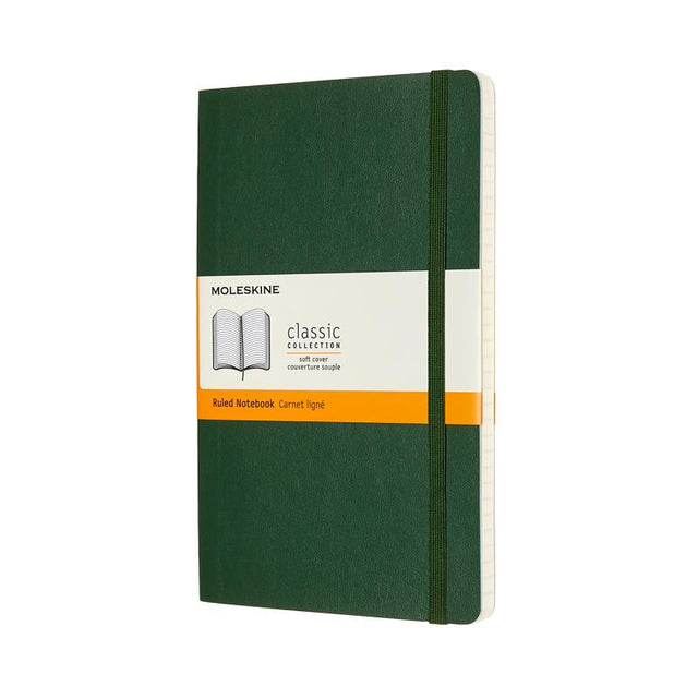 Moleskine Large Ruled Notebook in Myrtle Green, featuring a soft-touch cover, elastic closure, and expandable pocket.