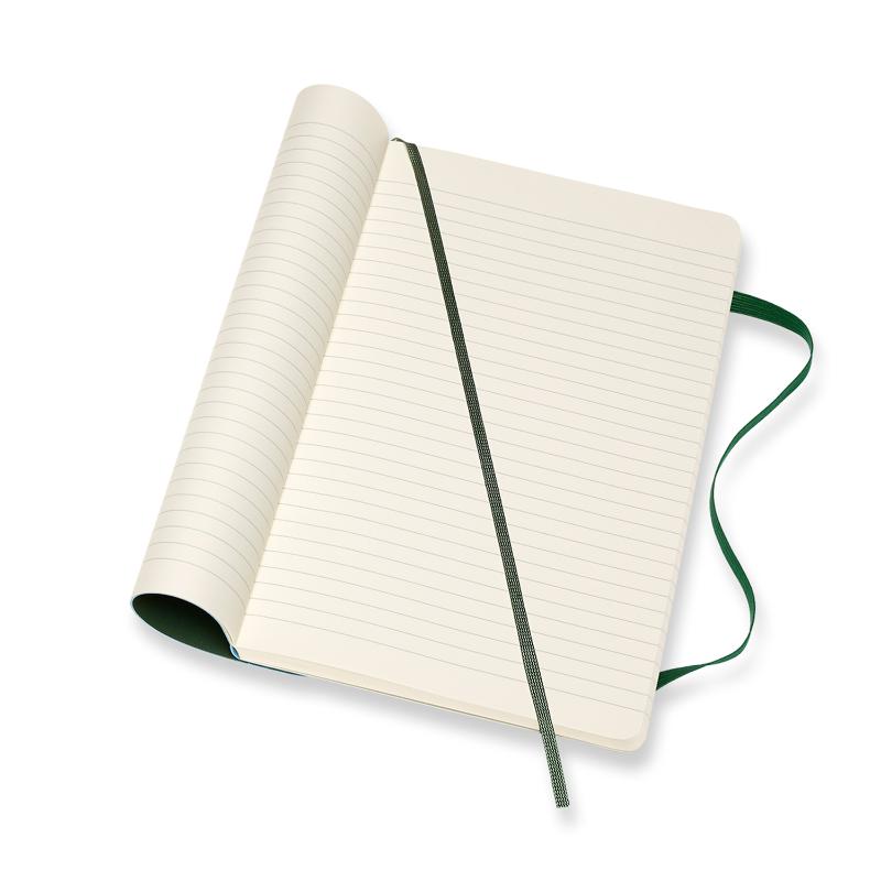 Moleskine Large Ruled Notebook in Myrtle Green with soft cover, elastic closure, and expandable pocket for ideas and sketches.