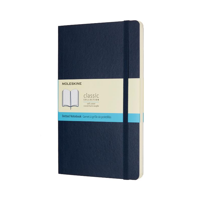 Moleskine Large Notebook in sapphire blue, soft cover, dot grid pages, with elastic closure and expandable inner pocket.