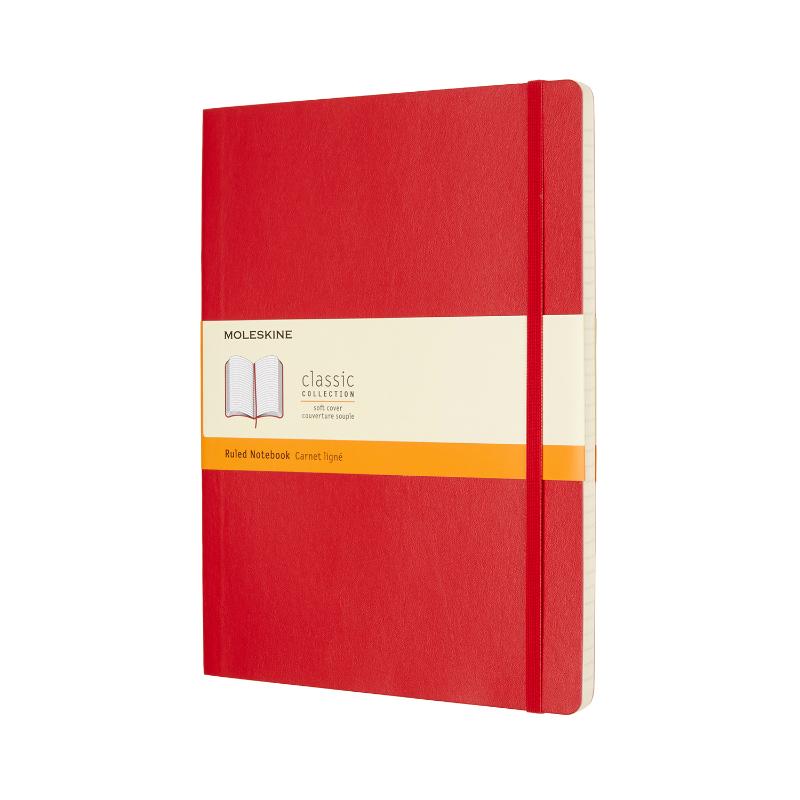 Scarlet red Moleskine Notebook XL with soft cover, ruled pages, elastic closure, and expandable pocket for creative notes.