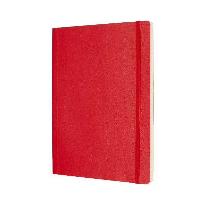 Moleskine XL Scarlet Red Soft Cover Notebook, ruled pages with elastic closure, bookmark, and expandable pocket for creativity.