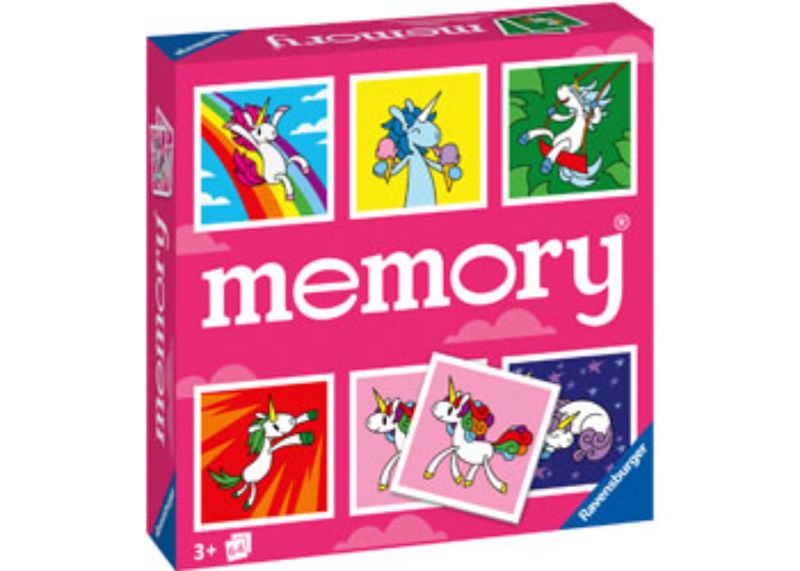 Colorful card game featuring 48 unicorn-themed illustrations, designed to enhance memory skills for children aged 3 and up.