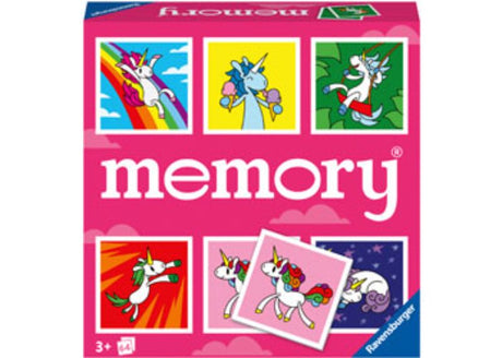 Colourful illustrated cards of unicorns and magical symbols for a kids' memory game by Ravensburger.