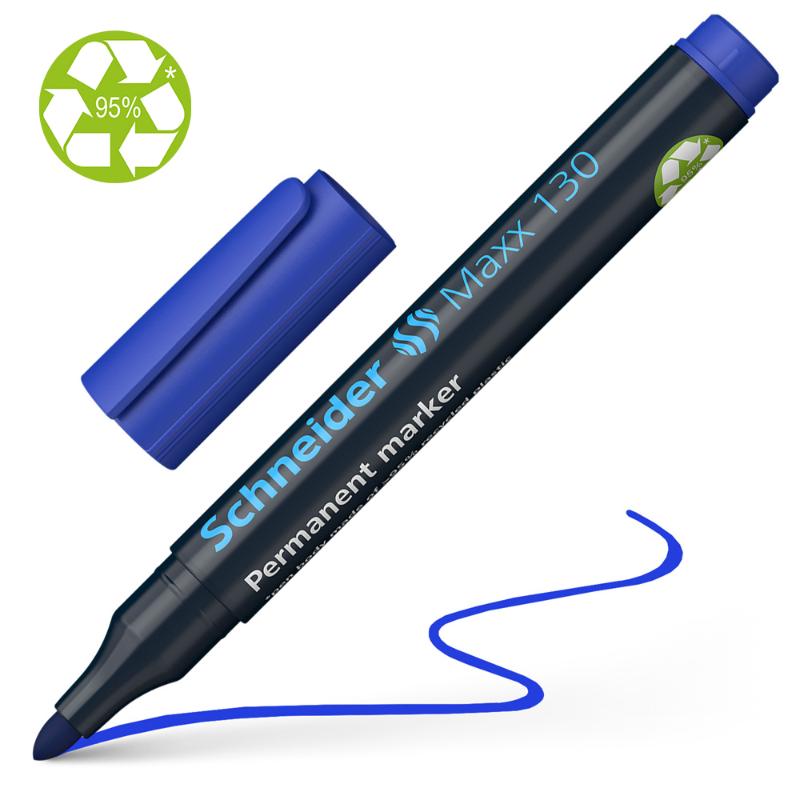 Schneider Maxx 130 blue permanent marker with bullet tip for versatile marking on various surfaces. Quick-drying, eco-friendly design.