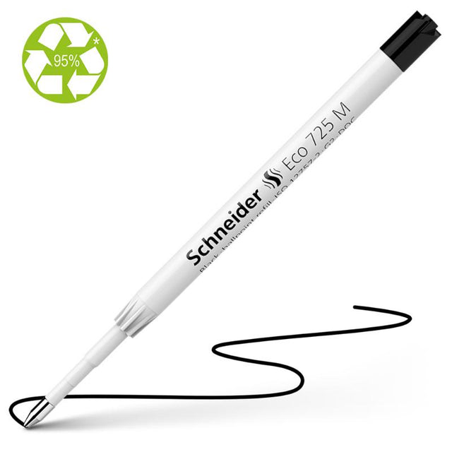 Schneider Pen Refill Ballpoint 725 in Medium Black, eco-friendly, smooth ink flow, and compatible with various pens.