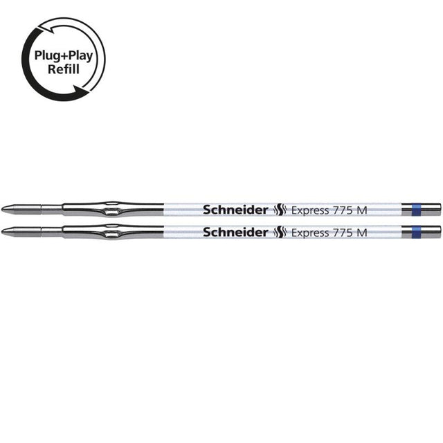 Schneider Refill 775 Medium Blue pack of 2 ink refills, designed for smooth writing and waterproof durability.