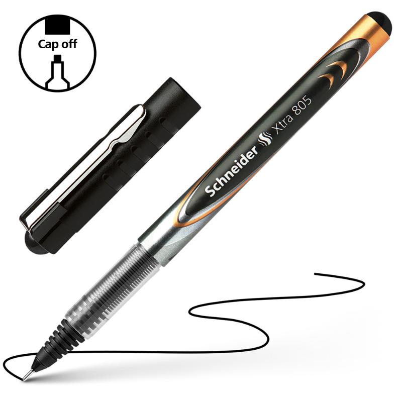 Schneider Rollerball Xtra 805, 0.5mm black pen featuring Liquid-Ink technology and durable stainless steel tip for smooth writing.